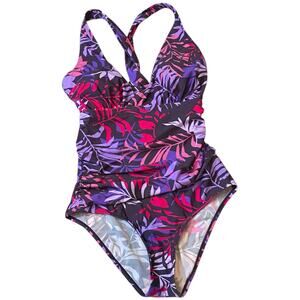 Eddie Bauer Ruched Shaping Swimsuit M Purple Floral Flattering Summer Vacation